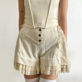 Voguable  Sweet Mesh Tiered Ruffle Shorts Skirts Khaki Wide Form Side Bandage Cute Pants Lolita Style Soft Girls Shorts Y2K